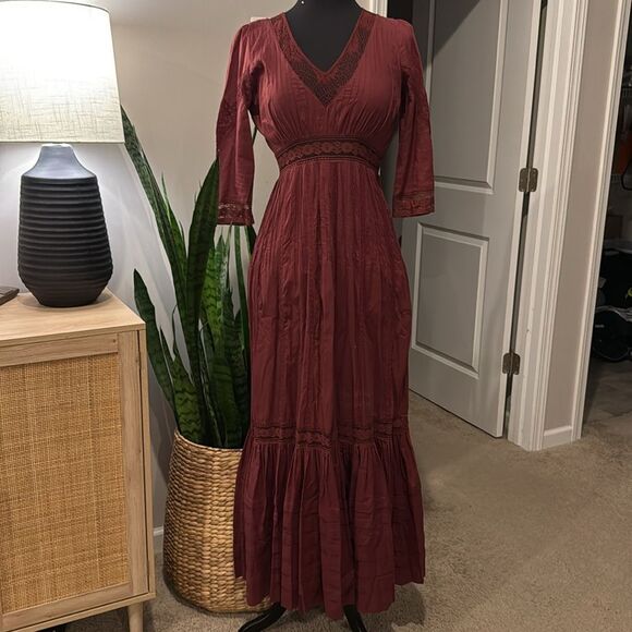 Candela Boho Burgundy Lace Victorian Maxi Dress by Free People Heart Dress - Picture 3 of 12